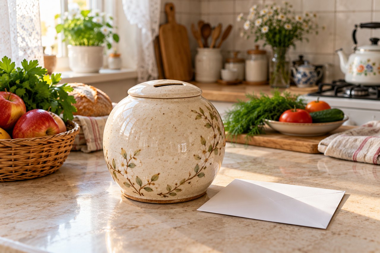 Банка для монет на кухонной стойке