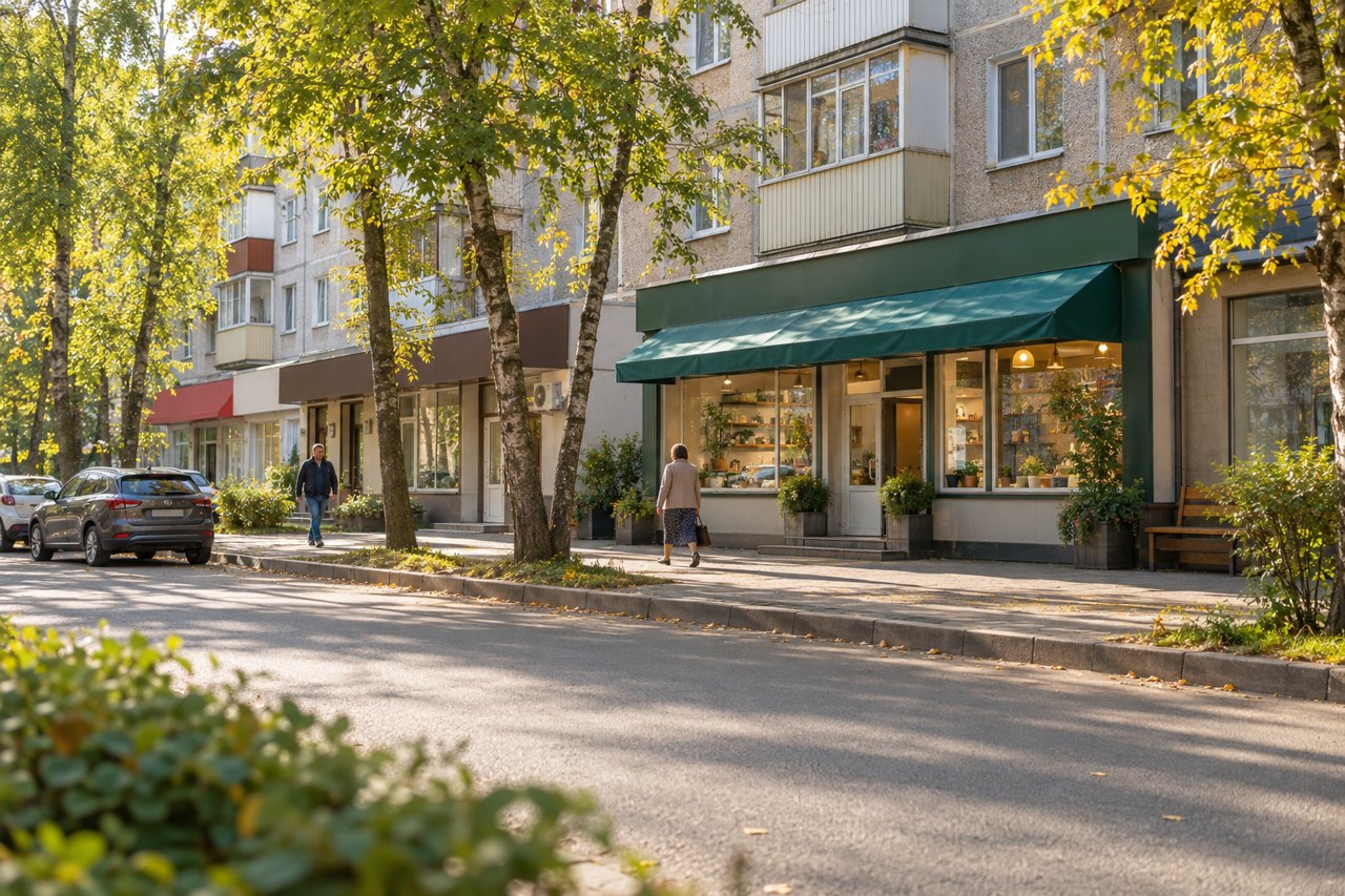 Утренний вид районной улицы